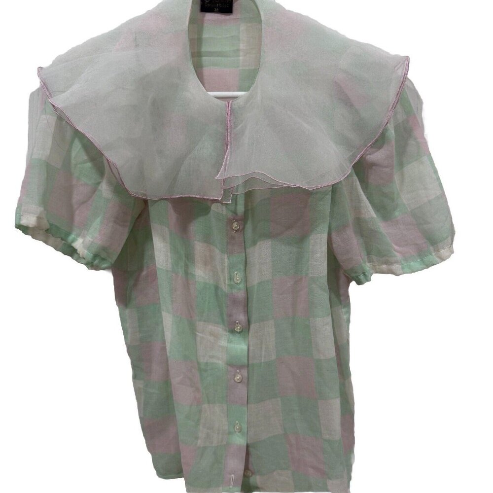 C&A Your Sixth Sense 38 Plaid‎ Vintage Top Bib Collar Checkered Spring